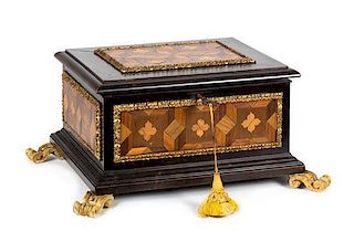 A Continental Ebonized and Parquetry Inlaid Gilt Bronze Mounted Casket Height 8 1/4 x length 18 x width 15 3/4 inches.
