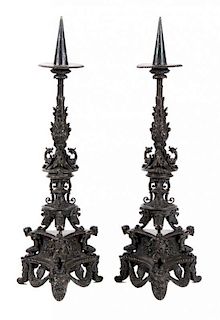A Pair of Italian Rococo Style Bronze Pricket Sticks Height 18 1/2 inches.