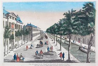 A Nine French Handcolored Engravings, , compring eight Vue d'optique, 18th century; and one Odeon, 19th century.