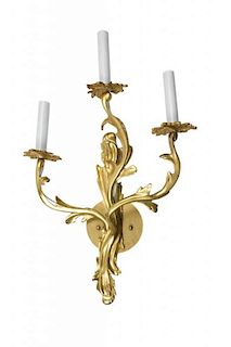 A Pair of Louis XV Style Gilt Bronze Wall Sconces Height 21 1/2 inches.