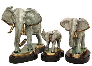 Set of Elephant Glossy Patinated Bronze Statues, Signed