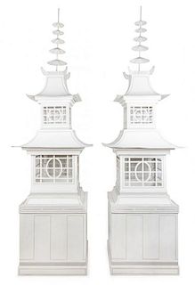 A Pair of White-Painted Pagoda Standing Lanterns Height 79 x width 30 inches.