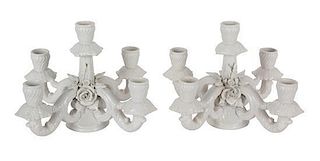 A Pair of Italian Faience Five-Light Candelabra Height 8 inches.
