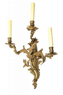 A Pair of Louis XV Style Gilt Bronze Three-Light Sconces Height 21 inches.