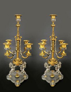 19th C. Pair of Bronze & Baccarat Crystal Candelabras