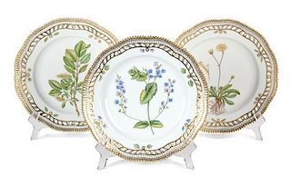 Three Royal Copenhagen Flora Danica Porcelain Reticulated Plates Diameter 8 3/4 inches.