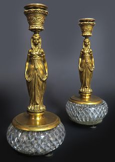 French Empire Gilt Figural Bronze/Baccarat Candlesticks