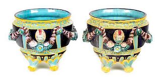 A Pair of Majolica Footed Jardinieres Height 10 inches.