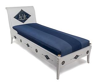 A Painted Day Bed Height 38 1/2 x width 33 1/4 x length 75 1/2 inches; seat height 21 inches.