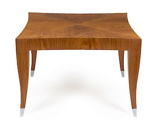An Art Deco Style Bookmatched Walnut Veneer Low Table Height 19 X width 28 X depth 28 inches.