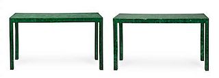 A Pair of Faux Malachite Console Tables Height 29 x width 52 x depth 16 inches.