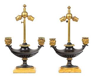 A Pair of Gilt Bronze Mounted Bronze Lamps Height 15 1/2 inches.
