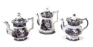 A Collection of Black and White Ironstone Transferware Beverage Items, Height of coffee pot 12 inches.