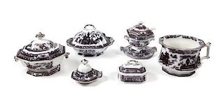 A Collection of Black and White Ironstone Transferware Serving Dishes, Height of largest 10 inches.