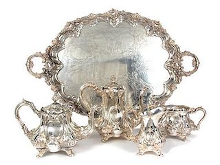 An Edwardian Silver Tea and Coffee Service 224 ozt 12 dwt; length of tray over handles 30 1/2 inches