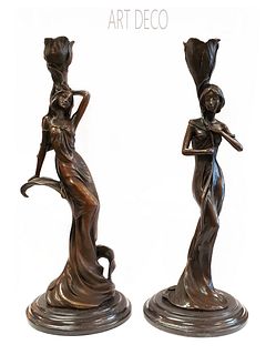 A Pair of Bronze Figural Candle Holders, Milo Signed
