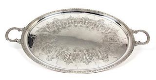 An American Silver-Plate Two Handle Oval Serving Tray Width over handles 30 inches.