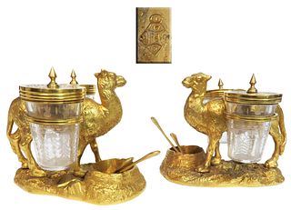 Pair of Gilt Bronze Crystal Camel Figural Condiment Set