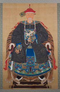 A Chinese Ancestor Portrait, LATE 19TH/EARLY 20TH CENTURY, depicting a first rank civil official seated on throne chair