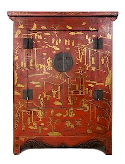 A Pair of Chinese Red Lacquer Cabinets Height 75 1/2 x width 50 1/2 x depth 22 1/4 inches.
