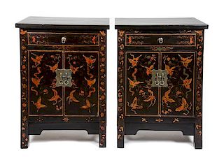 A Pair of Chinese Export Lacquered Side Cabinets Height 33 1/2 x width 24 1/2 x depth 15 3/4 inches.