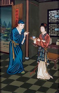 A Chinese Reverse Painting on Glass Height 18 1/2 x width 12 inches.