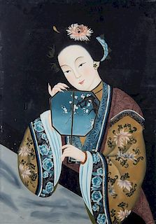 A Chinese Reverse Painted Glass Panel Height 23 x width 16 1/2 inches.