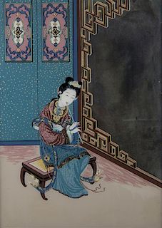 A Chinese Reverse Painted Glass Panel Height 21 x width 15 1/2 inches.