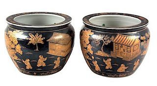 A Pair of Chinese Porcelain Jardinieres Height 8 1/4 inches.