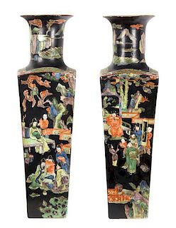A Pair of Chinese Famille Noir Porcelain Vases Height 29 inches.