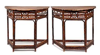 A Pair of Chinese Export Bamboo Demilune Console Tables Height 33 x width 37 x depth 18 1/2 inches.
