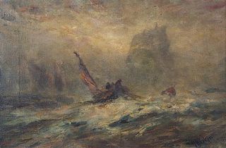 Robert B. Hopkin, (American, 1832-1909), Ship Bearing Down on Fisherman in Storm