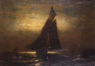 Wesley Elbridge Webber, (American, 1839-1914), Sailboard Coming into Harbor at Dusk