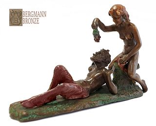 Eve & Satyr, Franz Bergman Signed Bronze Figurine Group