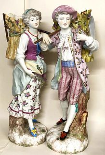 Peasant Farmers, A Pair of 19th C Chelsea Bow Figurines