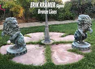 Very Large Pair of ERIK KRAMER Bronze Lions Sculpture