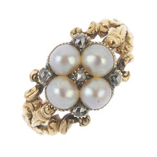 A late 19th century 18ct gold split pearl and diamond memorial ring. The split pearl quatrefoil, wit
