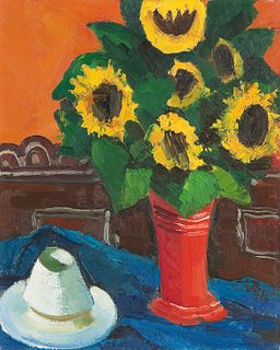 RUDOLF KLAUDUS  (Großwarasdorf 1895 - 1979 Eisenstadt)  Sun Flowers in red Vase, 1974 