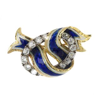 An enamel and diamond knot brooch. The blue and white enamel ribbon, woven through an old-cut diamon