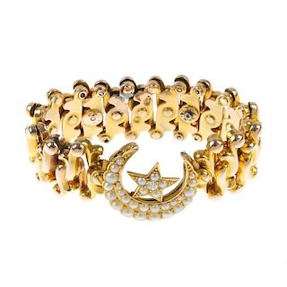 An early 20th century gold split pearl and diamond bracelet. Designed as a split pearl and old-cut d