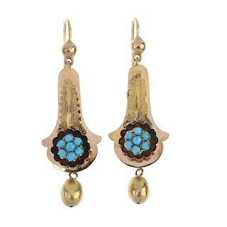 A pair of late 19th century gold turquoise ear pendants. Each designed as a turquoise cabochon clust