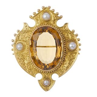 A late 19th century citrine and split pearl Cairngorm brooch. The oval-shape citrine, to the rope-tw