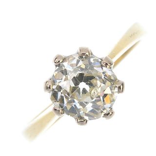 <p>An 18ct gold diamond single-stone ring. The old-cut diamond, to the tapered bands. Estimated diam