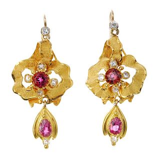 <p>A pair of diamond and garnet ear pendants. Each designed as a pear-shape garnet and old-cut diamo