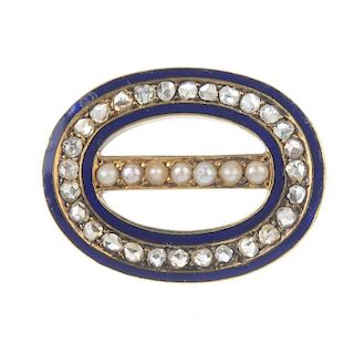A late 19th century gold, split pearl, diamond and enamel buckle brooch. Designed as a split pearl l