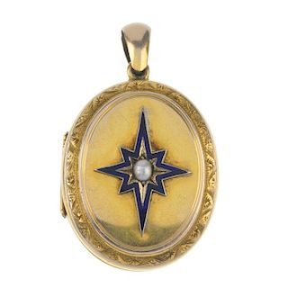 A late 19th century gold split pearl and enamel locket. Of oval-shape outline, the split pearl withi