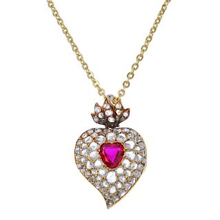 A synthetic ruby and diamond locket. The heart-shape synthetic ruby and rose-cut diamond cluster, wi
