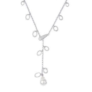 A cultured pearl and diamond necklace. Designed as a belcher-link chain, with brilliant-cut diamond
