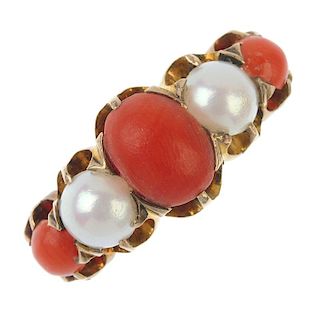 A coral and split pearl ring. The alternating graduated oval and circular coral cabochon and split p