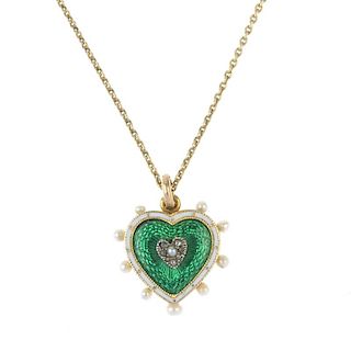<p>An early 20th century 9ct gold diamond, seed pearl and enamel heart pendant. The rose-cut diamond